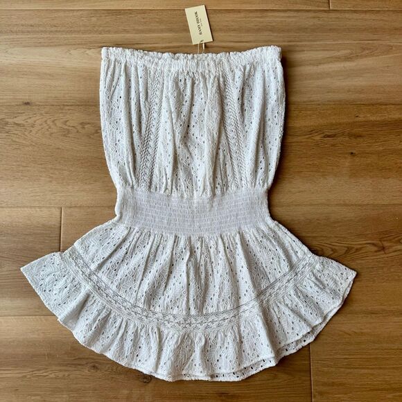 Ramy Brook Hilaria Eyelet Dress NWT White L Strapless Mini Smocked Cotton Boho - Picture 7 of 9